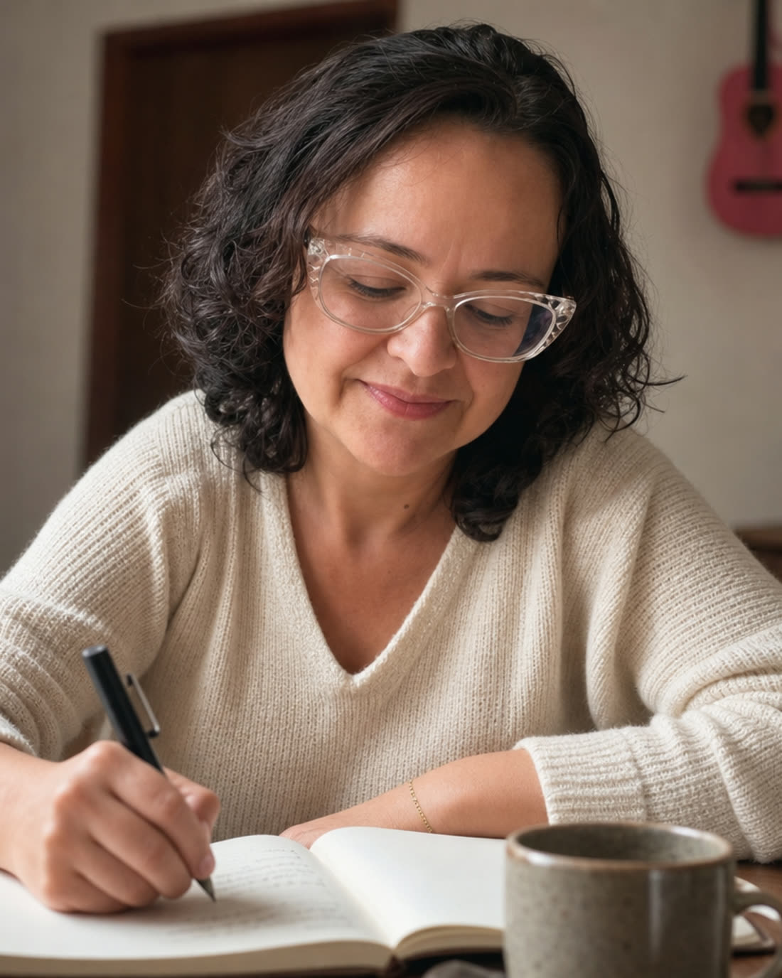 Fran escrevendo à mão num caderno, à mesa.