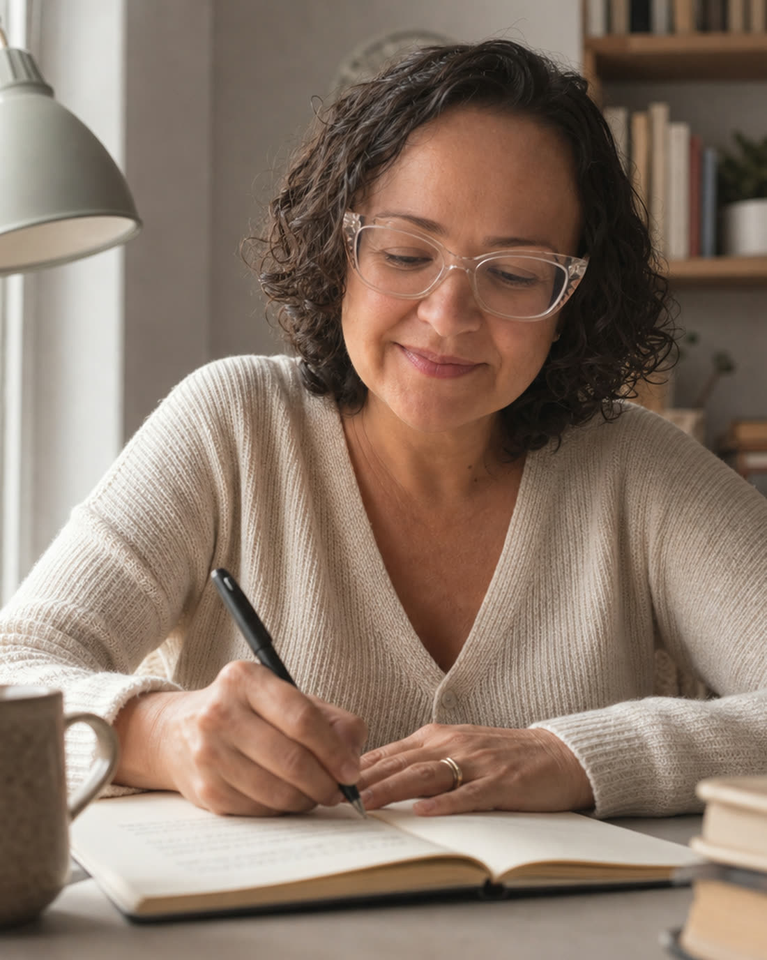 Fran escrevendo num caderno, com uma xícara ao lado e livros ao fundo.